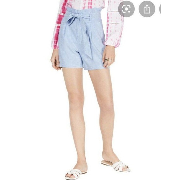 INC International Concepts Pants - INC Women Shorts Linen Midi Paperbag Tie Waist Chambray Sz Medium M‎ Blue